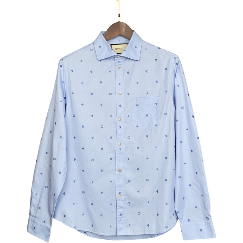 99% New and Unused Gucci Blue Embroidered Pure Cotton Long-Sleeved Casual Shirt for Men for All Seasons Original Price 7900
