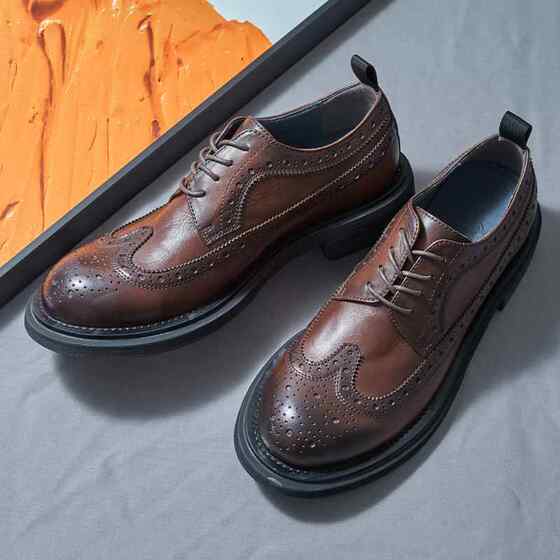 Jixu Big-Toe Leather Shoes Handmade British Round-Toe Brogue Carved Men's Business Formal Wear Casual Thick-Soled Trbottomy