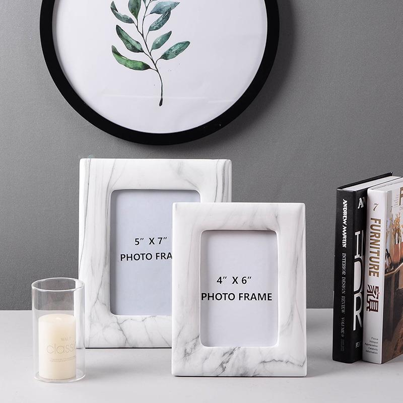 Light Luxury Gold-Edged Ceramic Photo Frame, Creative Photo Ornament, High-End Marble-Patterned Home Decor Craft Frame
