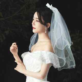 Wedding Veil New Style Bridal Veil Short Trendy Two-Layer Bow Ribbon Soft Fluffy White Children's Veil