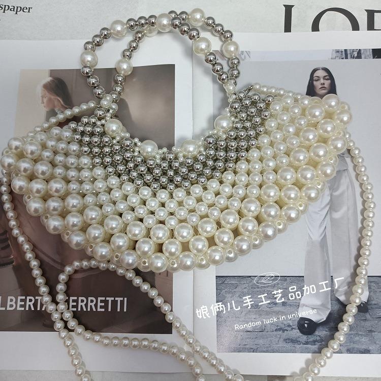 Beaded Bag, Handmade Bag, Silver Pearl Bag, Niche Internet Celebrity Style, Crossbody and Handbag Dual-Use, Metal Buckle Women's Bag