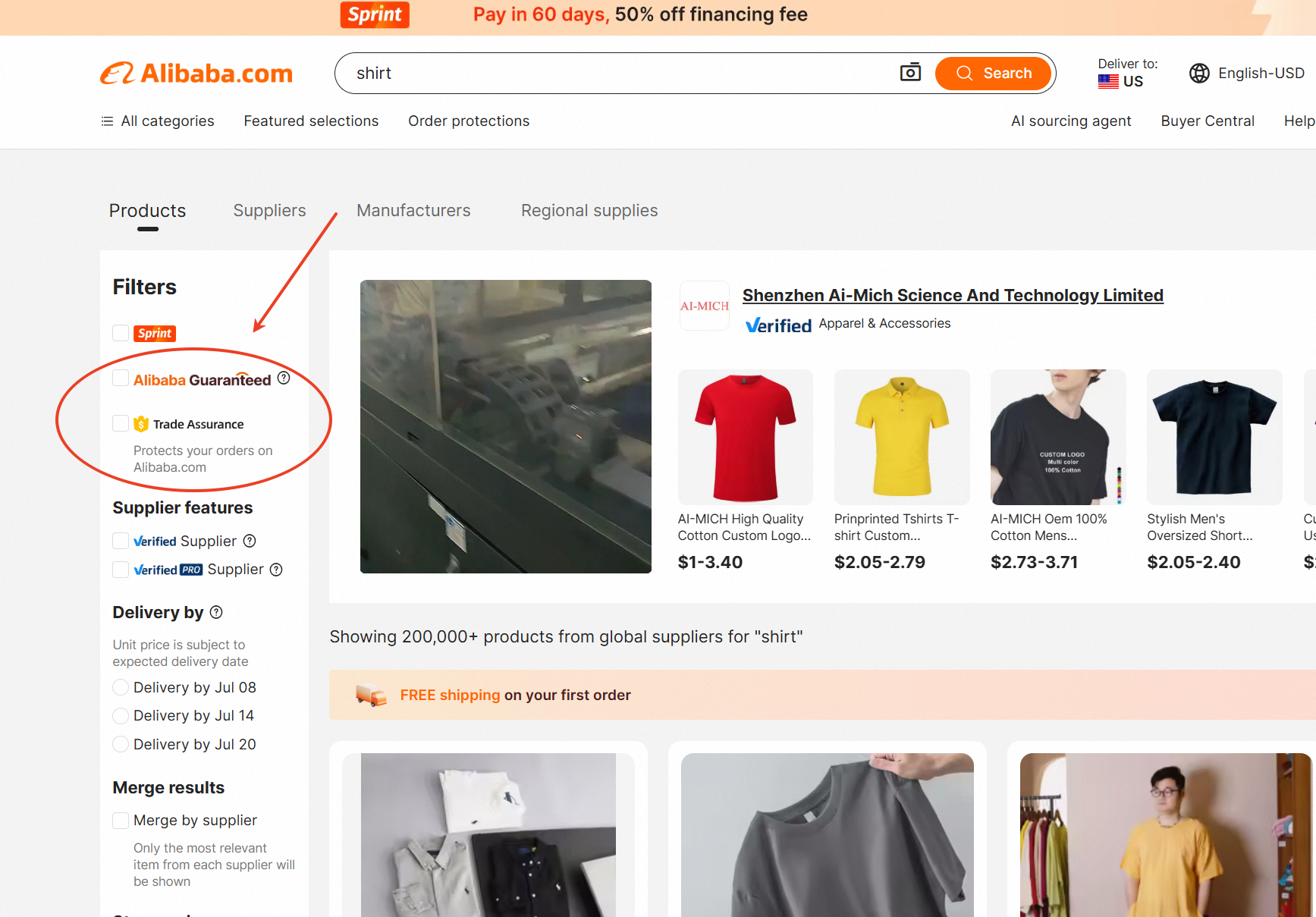 A screenshot showing Alibaba.com's Trade Assurance filter