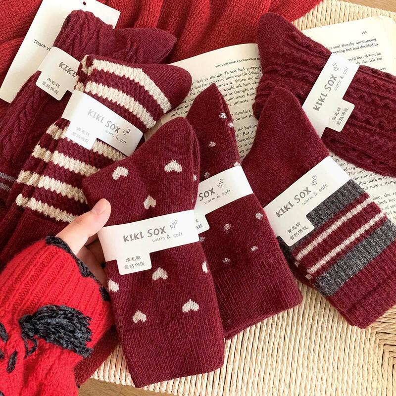 Red Socks for Women, Spring and Autumn Style, 2026 Wine Red Series, Zodiac Year, New Year Socks, Wool Mid-Calf Socks