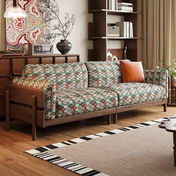 Medieval style fabric sofa, light luxury, removable and washable, small living room apartment, simple straight row ash solid wood sofa