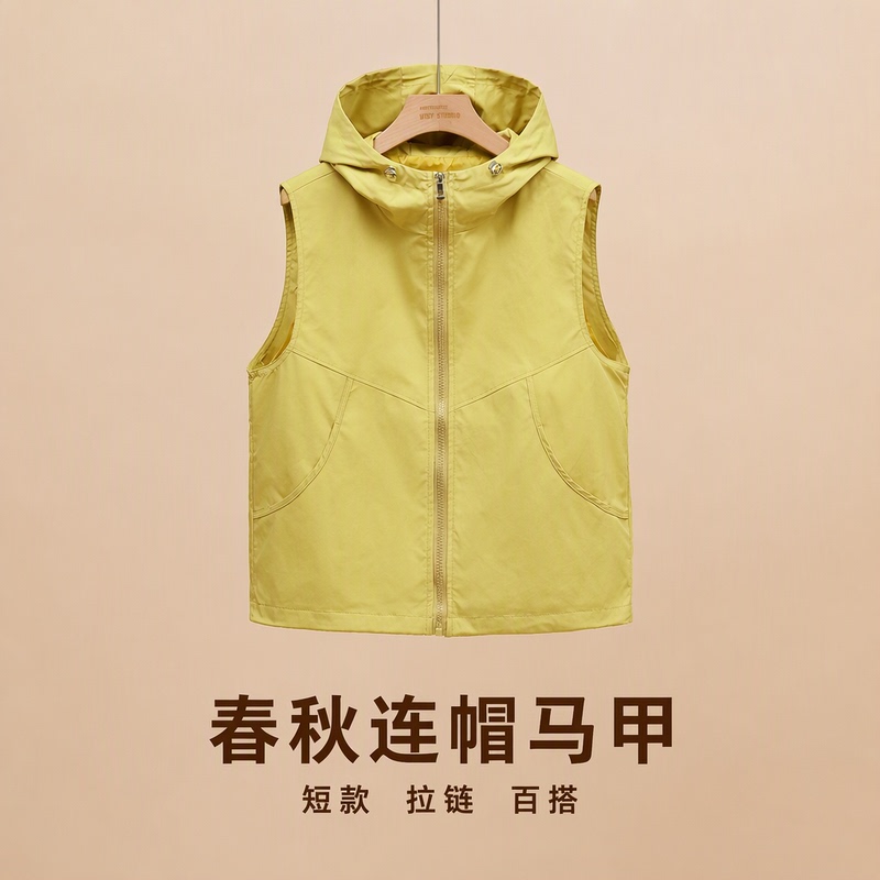 Spring and Autumn Women's Hooded Vest, Short Sleeveless Jacket, Solid Color, Zipper, Diagonal Pockets, Casual, Simple, Versatile Outerwear Spring and Autumn Women's Hooded Vest, Short Sleeveless Jacket, Solid Color, Zipper, Diagonal Pockets, Casual, Simple, Versatile Outerwear