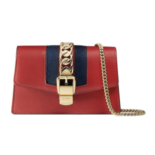 9.9新GUCCI古驰Sylvie 皮革 单肩斜挎包 超迷你 金扣条纹织带链条