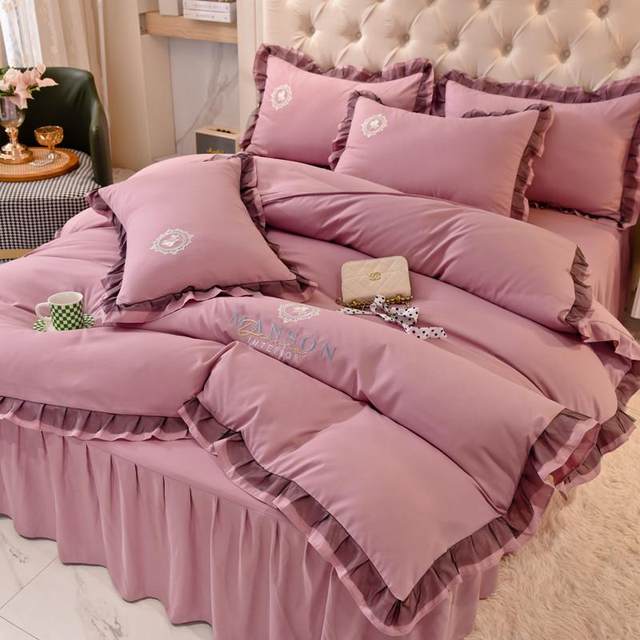 Korean light luxury cotton nude bed skirt four-piece set pure cotton embroidery girl's heart soft skin-friendly bed sheets and quilt cover bedding products