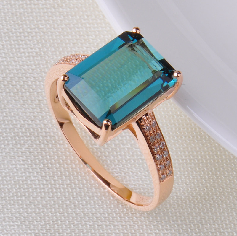 Blue green tourmaline ring main stone 3 91 carat 18k gold true diamond crystal transparent 41379