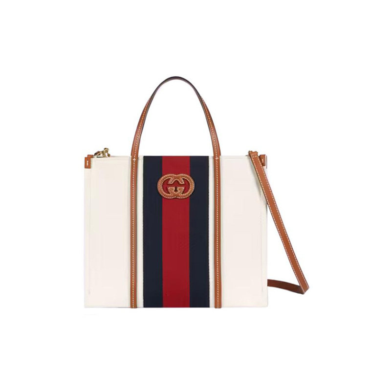 GUCCI古驰 棉质帆布拼皮革单肩斜挎手提包 中号 男款 白色/红色
