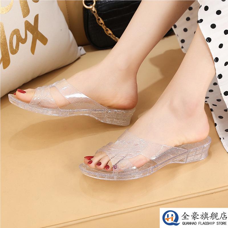 Jelly Crystal Sandals for Women, Spring Outdoor Wear, Height-Increasing Versatile Trendy Thick-Soled Non-Slip Beach Slide Sandals, Mid-Heel Fashion