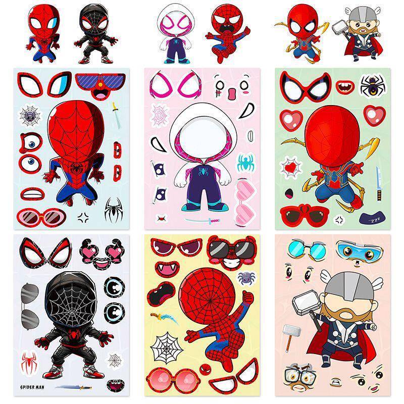 12 Cartoon Spider-Man Dress-Up Stickers for Kidsren, Educational, Creative and Fun Hero Character Puzzle Decoration Stickers
