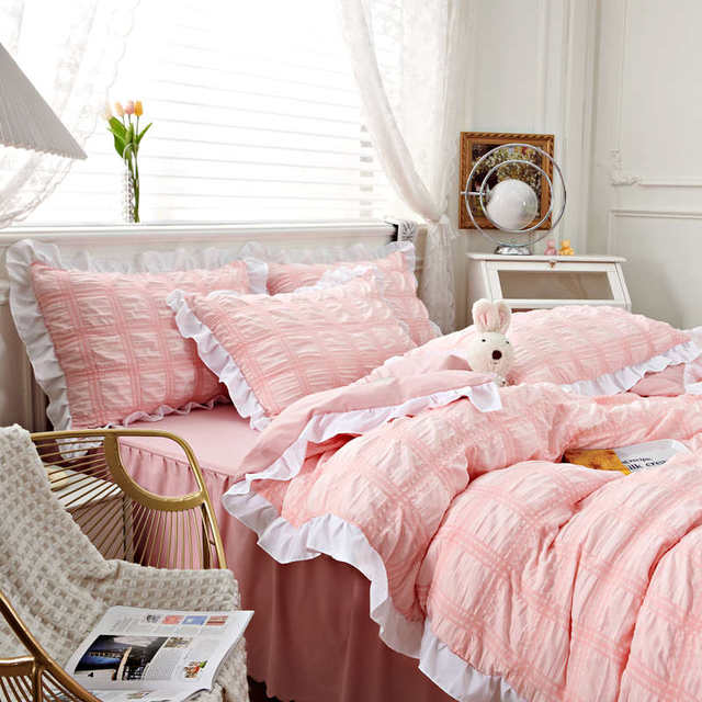 Bubble yarn full cotton wash cotton bed four-piece set pure cotton bed sheet quilt cover spring and summer fresh solid color bedding products