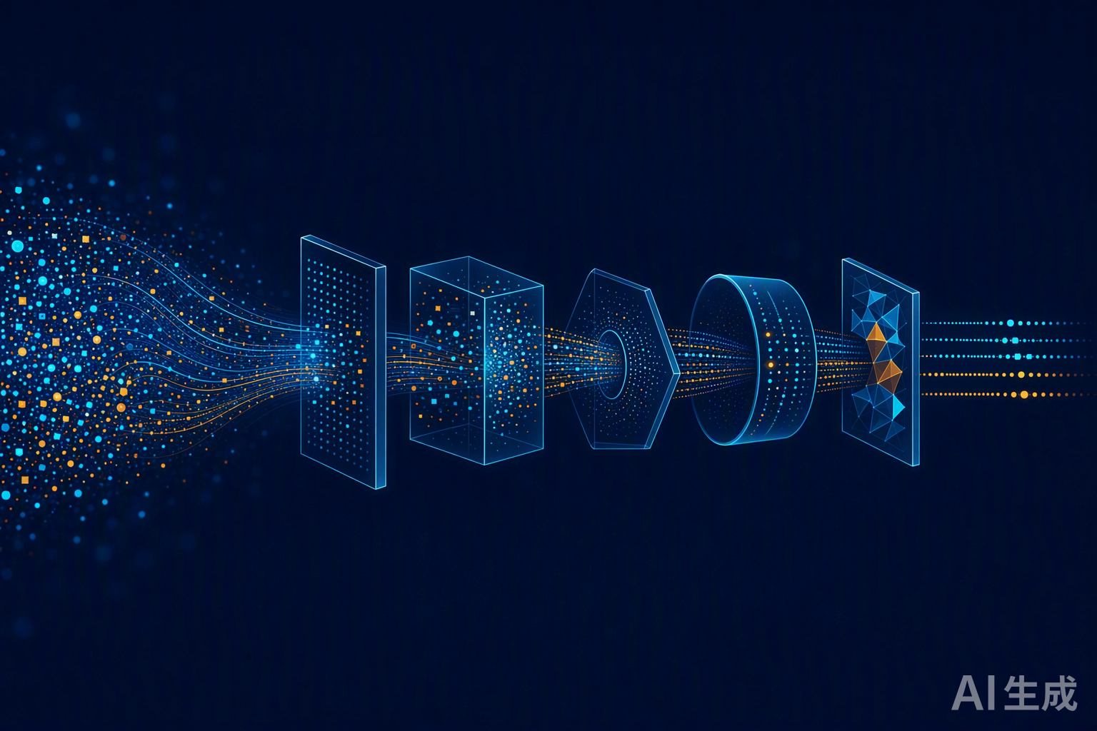 Data pipeline with particles flowing through processing stages