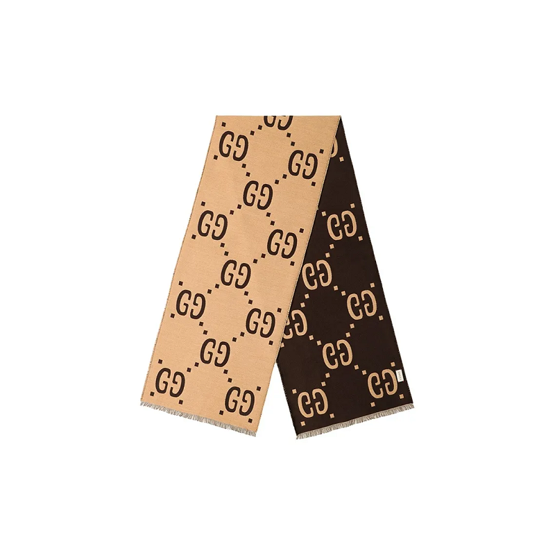 GUCCI古驰 双G大logo提花 羊毛真丝绒线围巾 情侣款 咖棕色