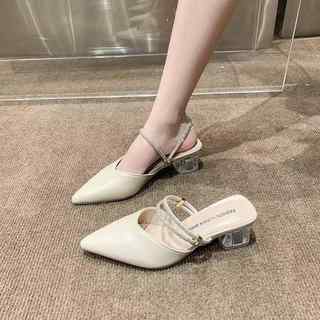 包头高跟凉鞋女夏季2025新款法式尖头水晶粗跟仙女风外穿半拖单鞋