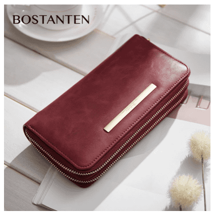 BOSTANTEN Women Large Capacity Leather Wallet Ladies Double Zipper