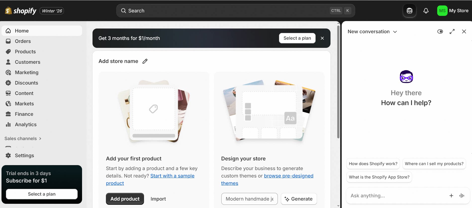 Shopify admin dashboard featuring an integrated AI assistant to guide merchants through store setup and design.