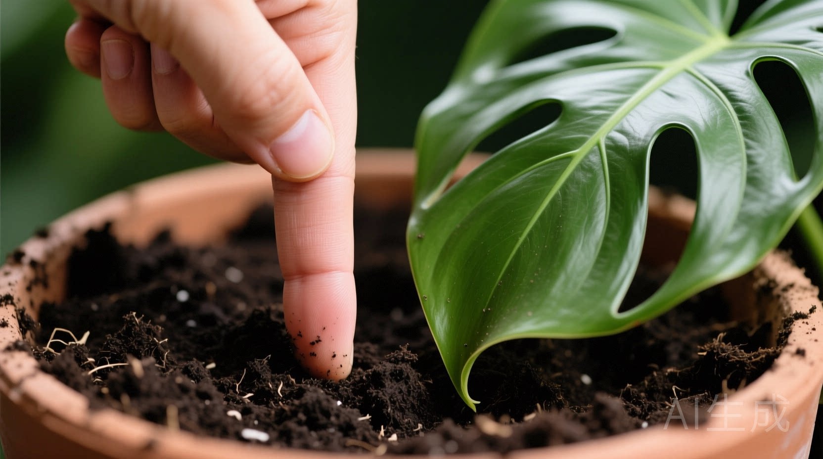 Close-up photo of a hand inserting an index finger vertically into dark potting soil beside a healthy Monstera leaf, showing precise knuckle alignment at soil surface