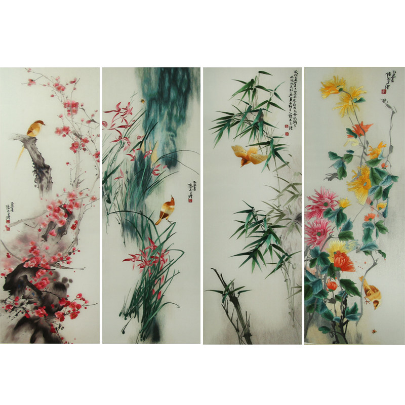 Handmade Embroidered Finished Living Room Decoration Hanging Painting New Chinese Genuine Silk Embroidered Master Flowers Birds Four Screens