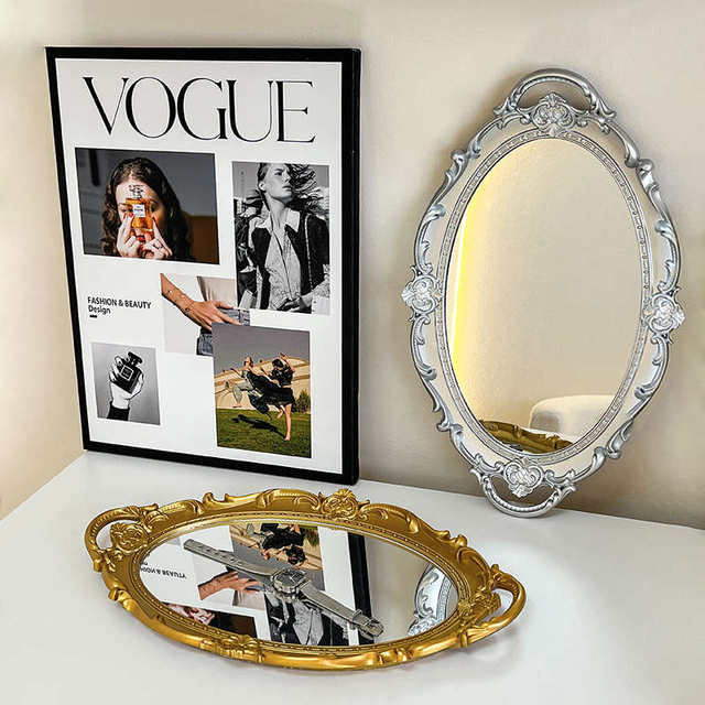Ins style retro French glass mirror tray living room decoration ornaments aromatherapy jewelry display mirror storage tray