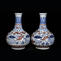 Y0005 Old Tibetan Ming and Xuande style blue and white underglaze red auspicious Ganoderma lucidum pattern fish playing lotus gall bladder