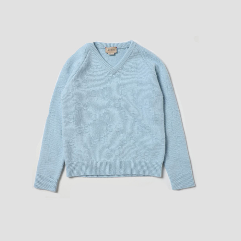 9.9 New and Unused Gucci Boys' Wool V-Neck Long-Sleeve Knit Sweater Light Blue 8 Years Old