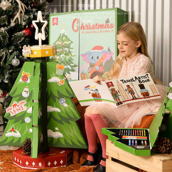 mobee圣诞树绘画礼盒文具套装水彩笔可水洗儿童画笔套装蜡笔幼儿