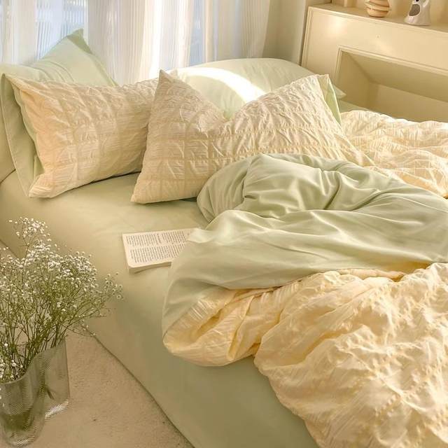 Bubble yarn washing cotton bed four-piece set ins style Korean girl's heart quilt cover bed sheets student dormitory three-piece set 4