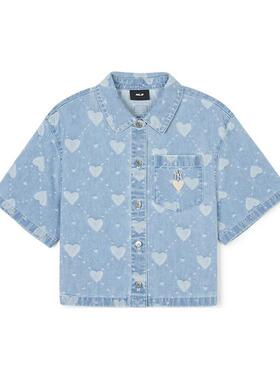 MLB SS24 纽约洋基队 爱心提花字母刺绣单排扣A字牛仔短袖衬衫