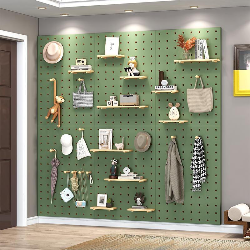 Solid wood hole board wall storage living room partition board receive details rack background wall simple wooden wall bookshelf