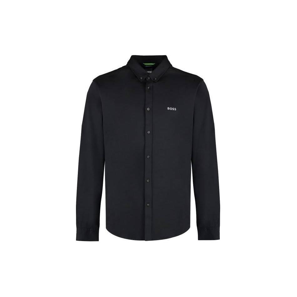 HUGO BOSS 翻领纯棉单排扣休闲长袖衬衫 男款 黑色