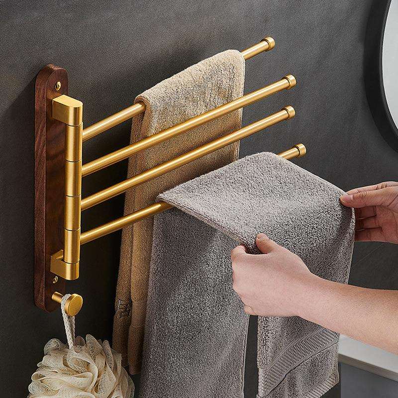 Walnut Bathroom Towel Rack, No-Drill Rotating Multi-Rod Space Aluminum Towel Bar, Bathroom Movable Towel Rack