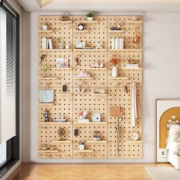 Wooden solid wood hole board wall rack living room see details wall partition hanging board storage rack background wall simple quality book