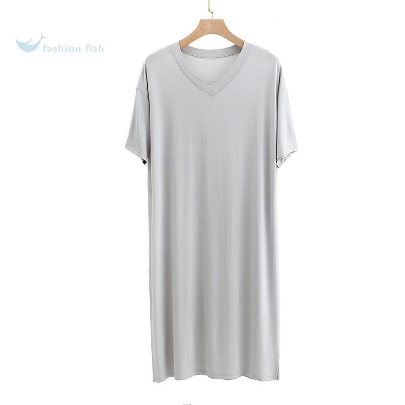 Men's Pajamas, Short-Sleeved, Long, Cool, Thin Nightgown, Large Size All-In-One Bathrobe, Men's Summer Home Wear, Ice Silk Nightgown