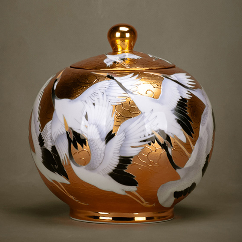 999 Genuine Gold Pure Hand Painted Crane Suoliao Gold Porcelain Founder Xiao Jianhui Tea Leaf Jars Pendulum Pieces High-end Delicately Shimmering 8