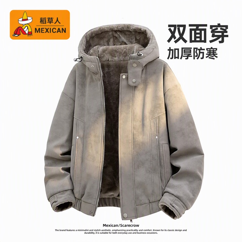 Scarecrow Men's Fleece-Lined Reversible Cotton Jacket for Autumn and Winter, Hooded, Thickened, Cold-Proof, Mountain Eagle Coat