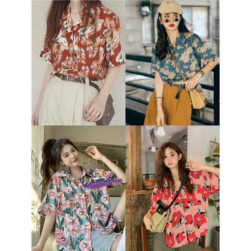Summer Hong Kong Style Floral Shirt Short-Sleeved Women's Clothing 80S Nostalgic Retro Trendy Modern Shirt Top Performance Clothing