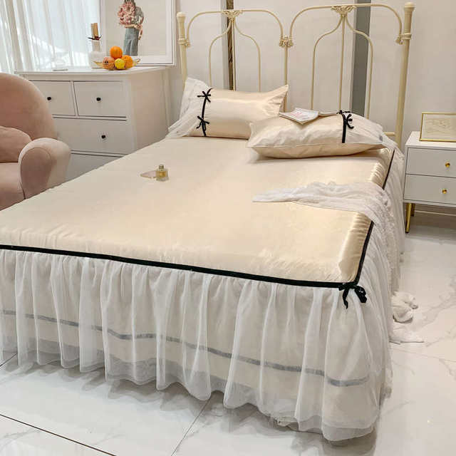 Fairy temperament ice silk mat three-piece set for summer washing and cool bed sheet princess lace edge air conditioning mat