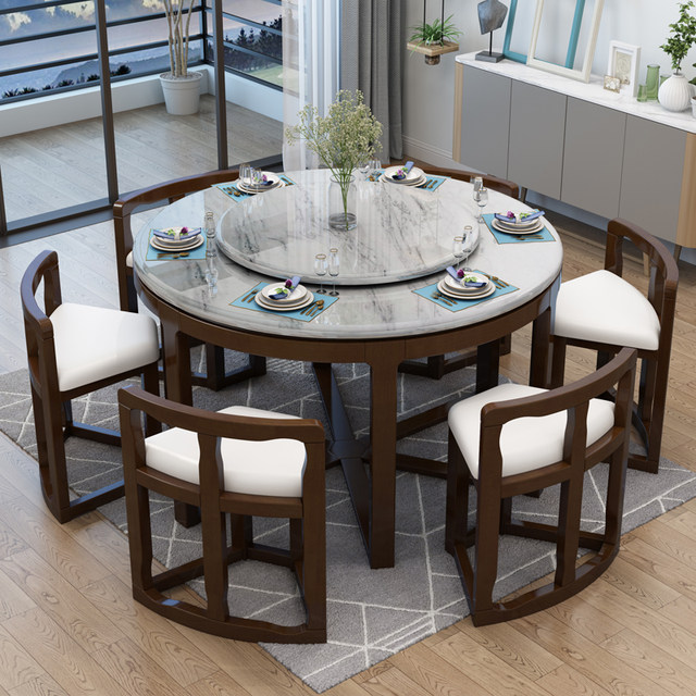 Marble round table solid wood dining table and chair combination storage dining table for household use without occupying space saving white six in one