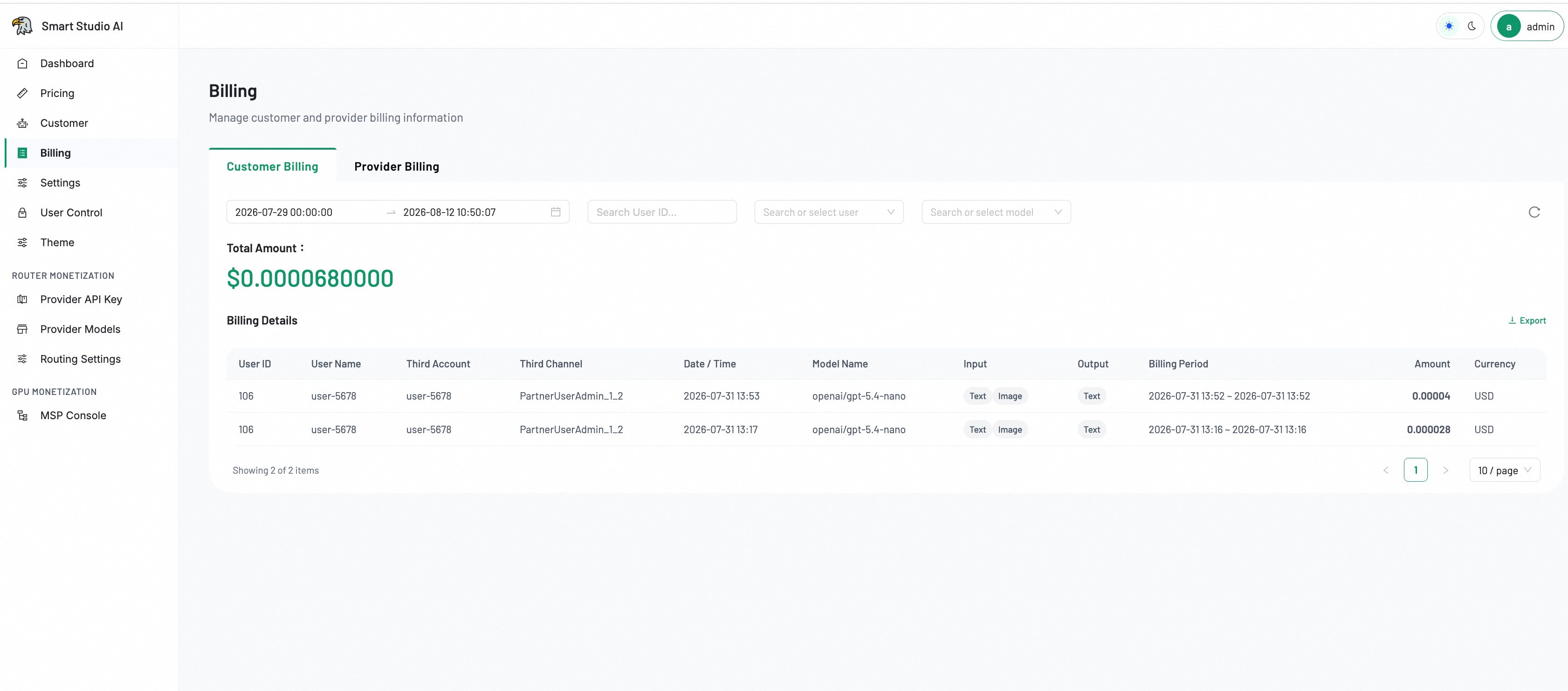 Admin Billing — Customer Billing and Provider Billing tabs with date filters, total amount summary, and export controls