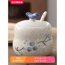 Ceramic seasoning jar with lid seasoning jar with spoon salt sugar chili jar condiment box oil pot soy sauce jar 400ml