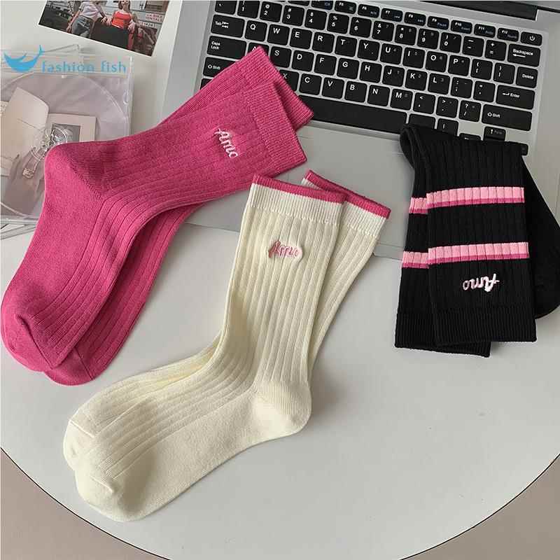 Pink Socks for Women, Mid-Calf Slouch Socks, Striped Rose Red, Summer Girls' Embroidered Trendy Long Socks with Letters