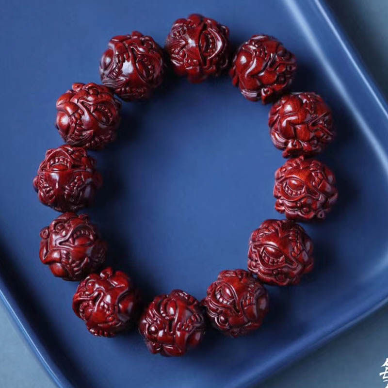 Pixiu lobular red sandalwood pure hand-carved 20mm Wenwan Buddha beads bracelet finely carved