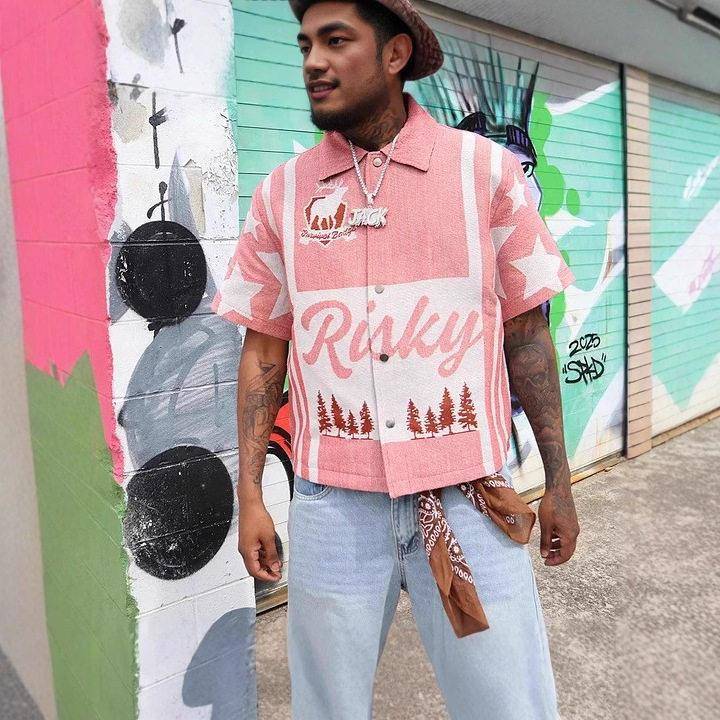 Regular Fit Graphic Letter & Plaid Print Short Sleeve Shirt