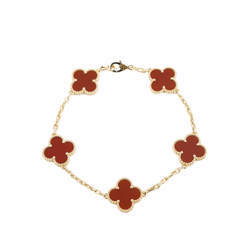 9.9/9.8 New Van Cleef & Arpels Four-Leaf Lucky Series Five-Piece Pendant Red Carnelian Four-Leaf Clover 18K Gold Bracelet for Women 9.9/9.8 New Van Cleef & Arpels Four-Leaf Lucky Series Five-Piece Pendant Red Carnelian Four-Leaf Clover 18K Gold Bracelet for Women
