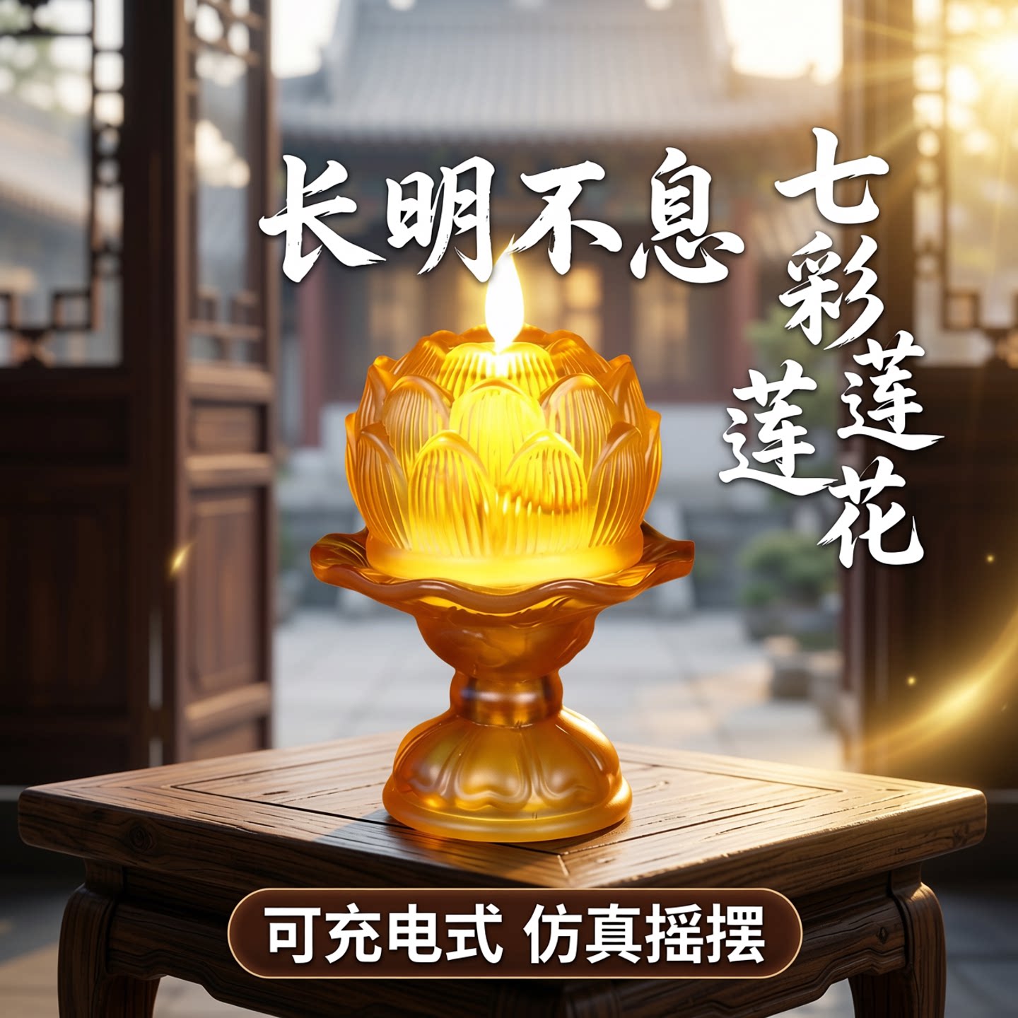 家用长明灯菩萨仿真摇摆蜡烛灯可充电式电池观音七彩莲花灯琉璃