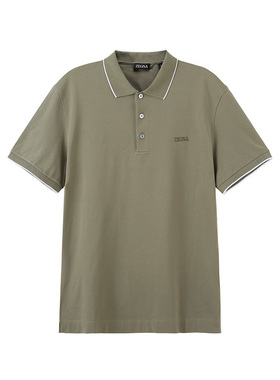 Zegna SS24 条纹字母Loog图案套头修身短袖Polo衫 男款 橄榄绿色