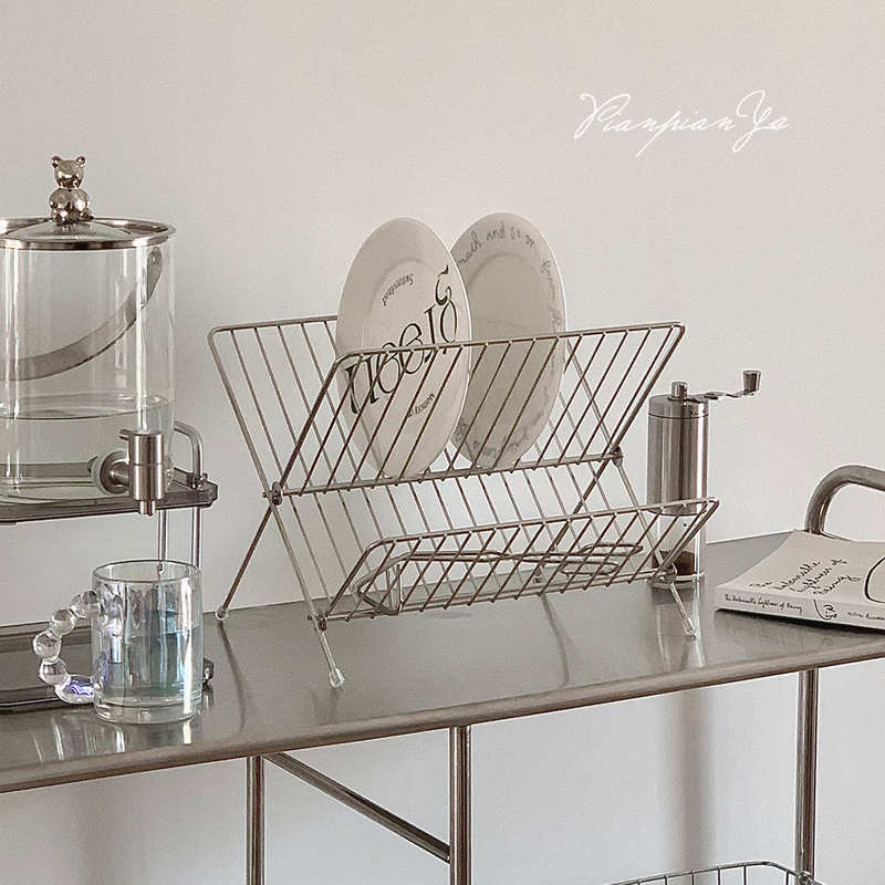 Korean Ins Vintage Style Iron Drain Rack, Foldable Storage Rack for Magazines, Books, Plates, and Cups