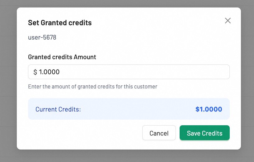 Customer credits — modal with granted credits amount input and current credits display