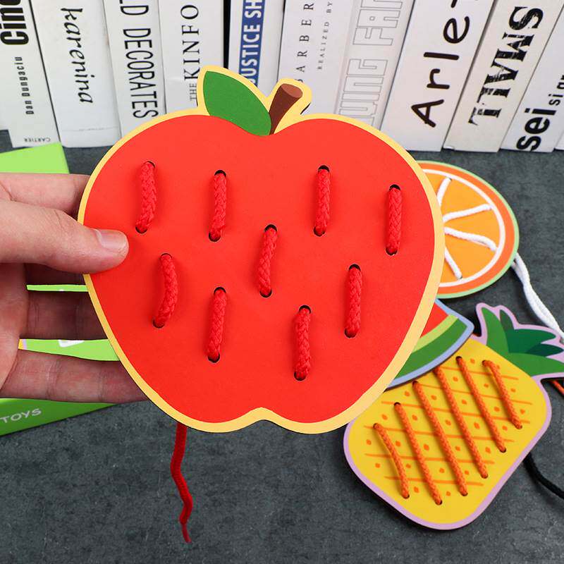 Children 1234 years old teach attentive observation force fine action training fruit animal threading plate wooden play teaching aids